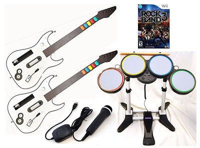 NEW Nintendo Wii ROCK BAND 3 Game Set w/2 GUITARS Wireless Drums 