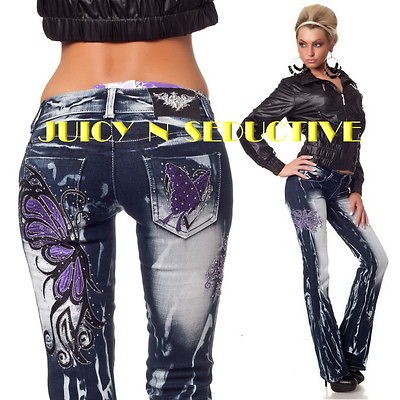 Crazy Age Bootcut Jeans PURPLE BUTTERFY IV+Ed Hardy tattoo♥waist 