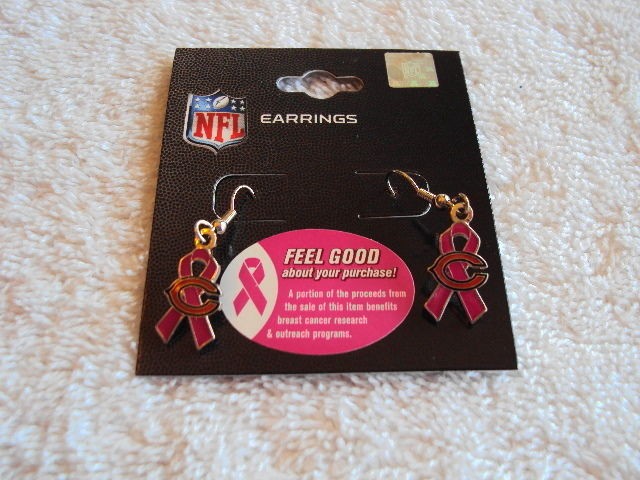 CHICAGO BEARS Logo Pink BCA Ribbon NFL Silver J Hook Dangle Earrings 