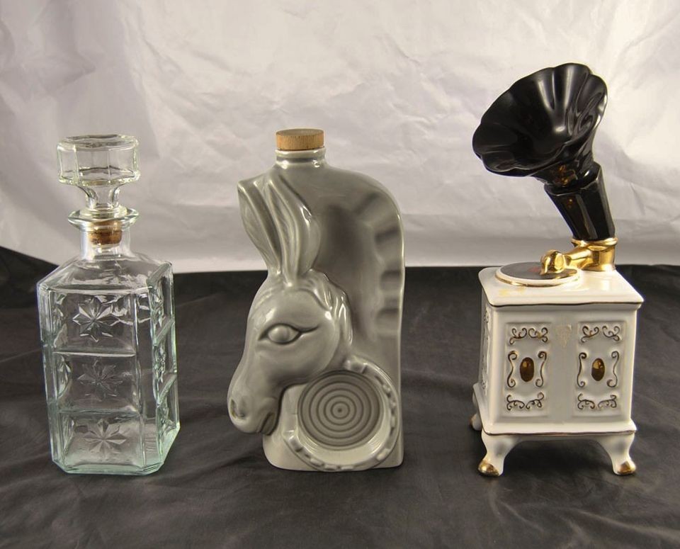 Lot of 3 Liquor Whiskey Decanters Glass Donkey Phonograph Ezra Brooks 