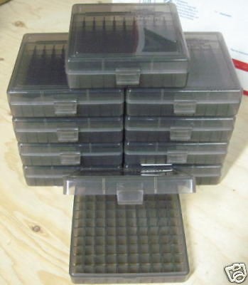 10 New Plastic 9mm 380 Auto Smoke Color 100 Round Ammo Boxes Reloading 