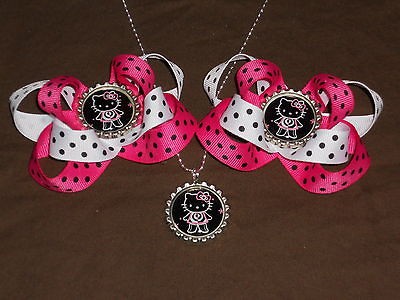 HELLO KITTY Hot Pink and Black Bottlecap Hairbow / Necklace Set 818
