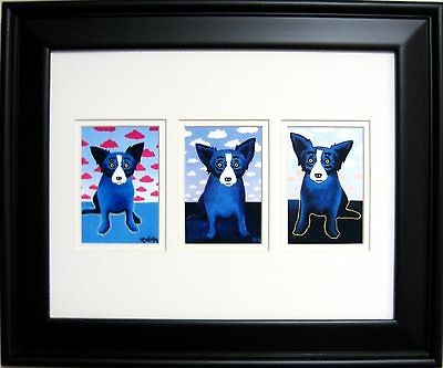 FRAMED GEORGE RODRIGUE BLUE DOG CLOUDS TRIO   17.5 x 14.5