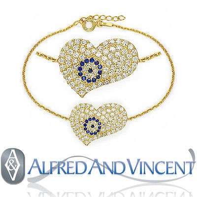   Nazar Greek Hamsa 18k Gold Heart Charm Sterling Silver Bracelet