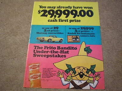 1969 Fritos Corn Chips Large Ad Win Ford Mustang Convertible Car Kodak 