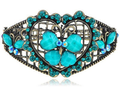   Blue Zircon Crystal Rhinestone Heart Jeweled Butterfly Bracelet