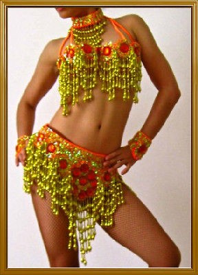 GOLD ORANGE SAMBA CARNIVAL BELLY DANCE COSTUME BRA BELT