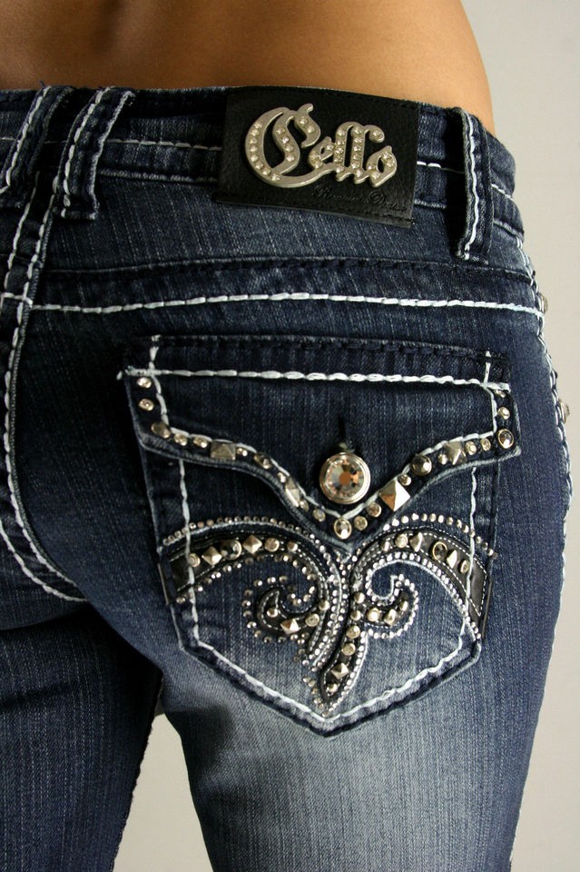 CELLO NOVA Reverse Fleur De Lis Gunmetal Studded Boot Cut Denim Jeans 