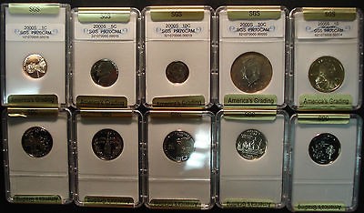 One lot of ten 2000 S Proof coins Dollar, Half, Quarters, Dime 