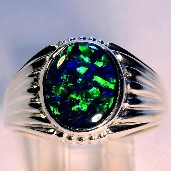   MANS SOLID STERLING SILVER BRIGHT GENUINE AUSTRALIAN OPAL RING 11402