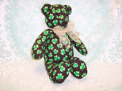 Handmade Stuffed Teddy Bear Black with Green Shamrock Fabric