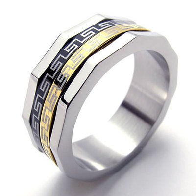   Classic Gold Black Silver 3 Tone Stainless Steel Band Mens Ring W19949