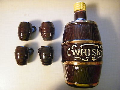   Corked Top Whisky Whiskey Ceramic Jug Bottle + 4 Barrel Glasses