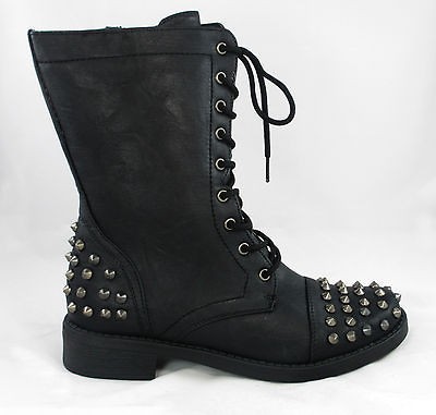 Ladies Spike Studs Military Combat Lace Up Ankle Boot Shoes Black 5.5 