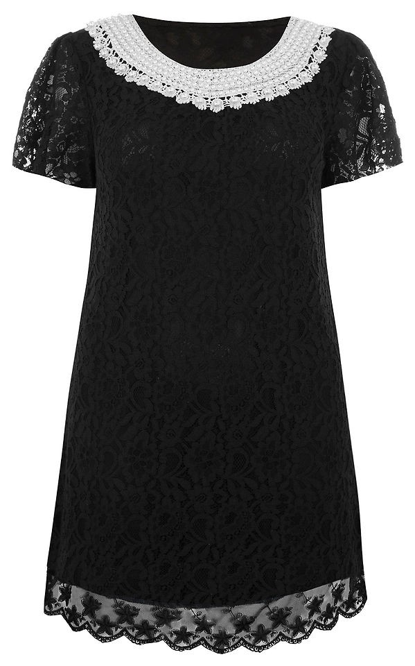 Ladies Plus Size Black Pearl Neck Lace Dress #639
