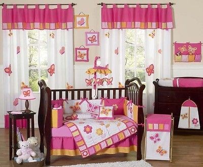 Luxury Pink Yellow Orange Butterfly Baby Girl Crib Bedding Set Room