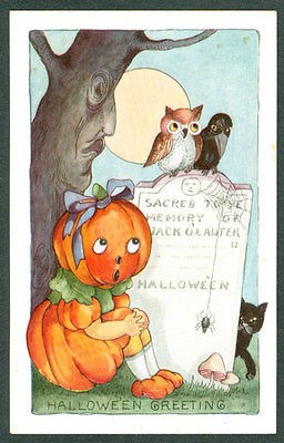 Vintage Embossed Whitney Halloween Postcard Pumpkin Girl Headstone 