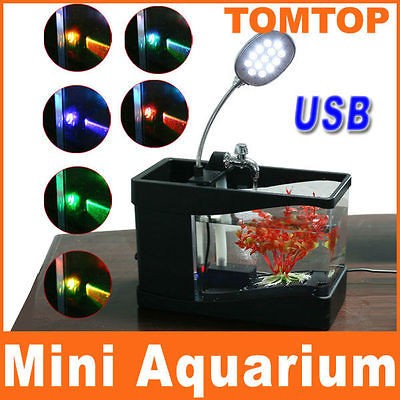 Mini USB Fish Tank Colorful LED Aquarium Desktop Lamp Light Black