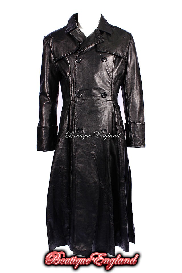   Mens Black FULL LENGTH Laurence Fishburne MATRIX Leather Jacket Coat