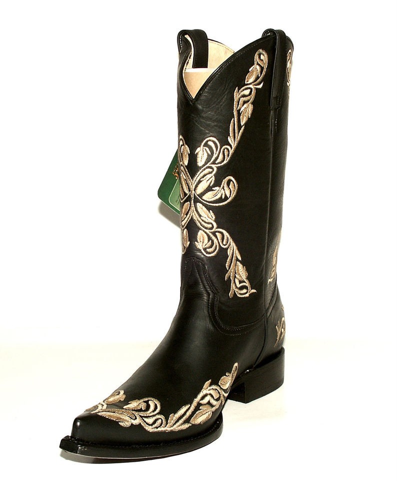   Ver Q17 K Black Chihuahua Western Boots w/ Grasso Flowered Embroidery