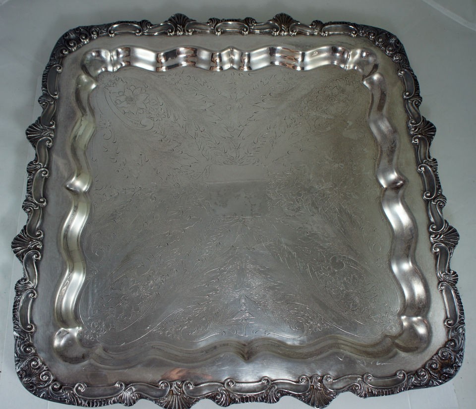   SILVER ON COPPER PLATED FOOTED SERVING TRAY RARE SQUARE,SHELL PATTERN