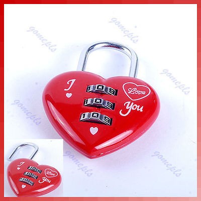 Mini Cute 3 Digits Luggage Suitcase Padlock Red Heart Shaped Coded 