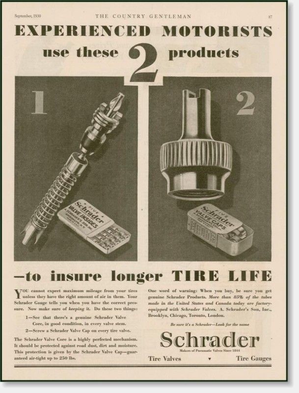 1930 Schrader Tire Valves and Gauges Advertising Ad