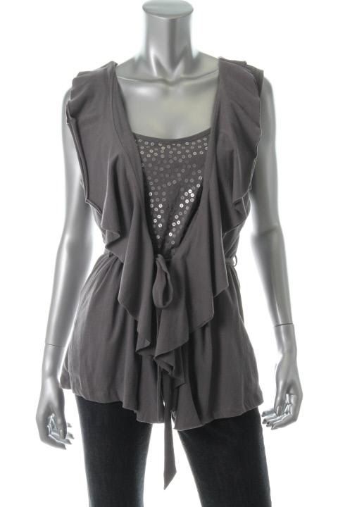 DKNY New Gray Sequined Ruffled Front Sleeveless Belted Pullover Top L 