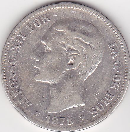 1878 DEM KING ALFONSO XII SPAIN 5 PESETAS SPANISH SILVER COIN