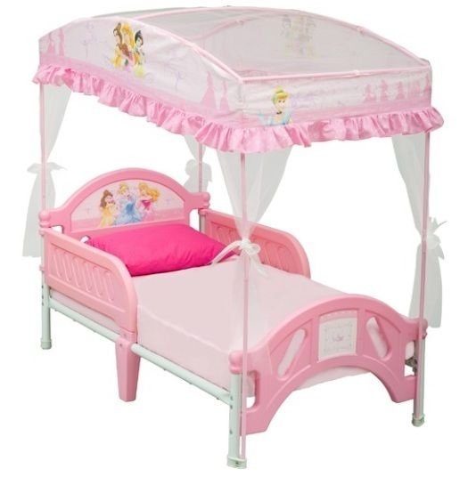   Toddler Bed w/ Canopy Frame Girls Pink Childs Size Safety Rails
