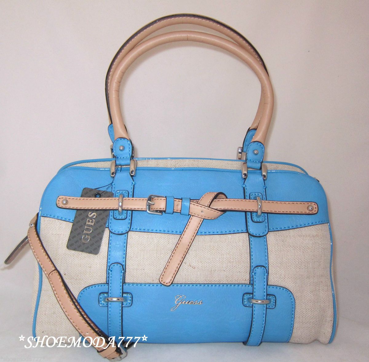 Guess Avera Canvas Belt Box Satchel Shoulder Bag Purse Handbag Blue 