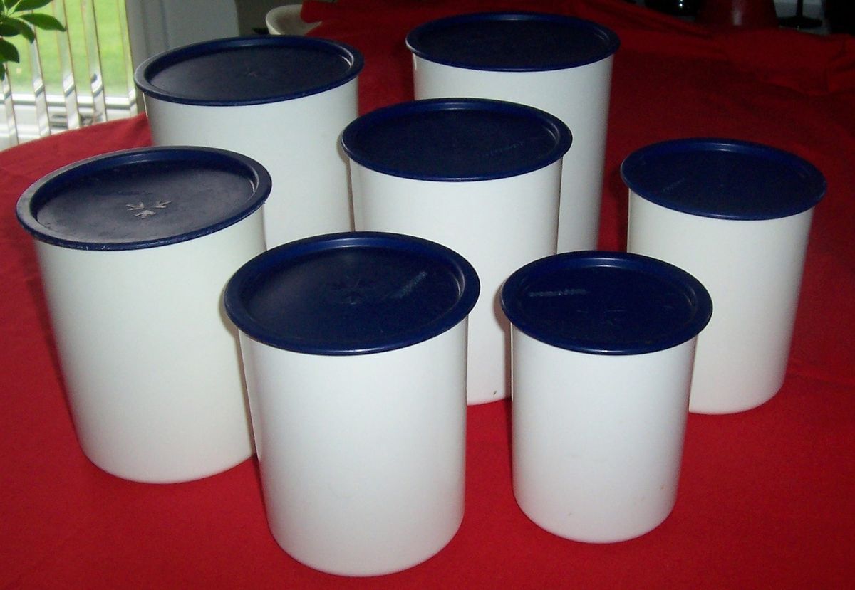 Tupperware One Touch Canister Set White Base Air Tight Cobalt Blue 