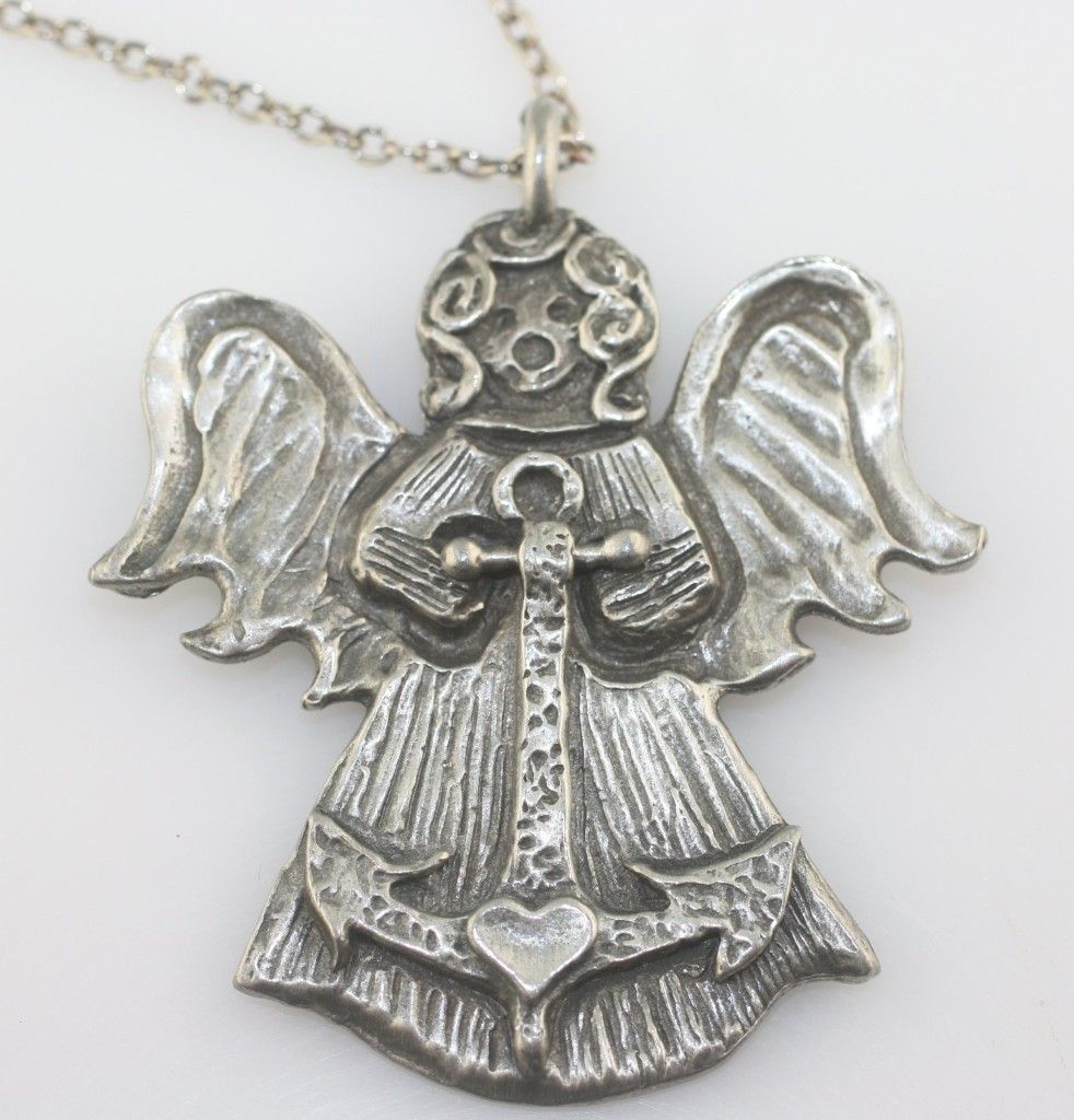 Marcie Pewter Angel Faith anchor heart pendant necklace chain large 