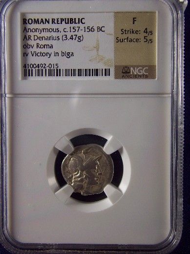 Roman Republic Silver Denarius 156 with Roma obv NGC F