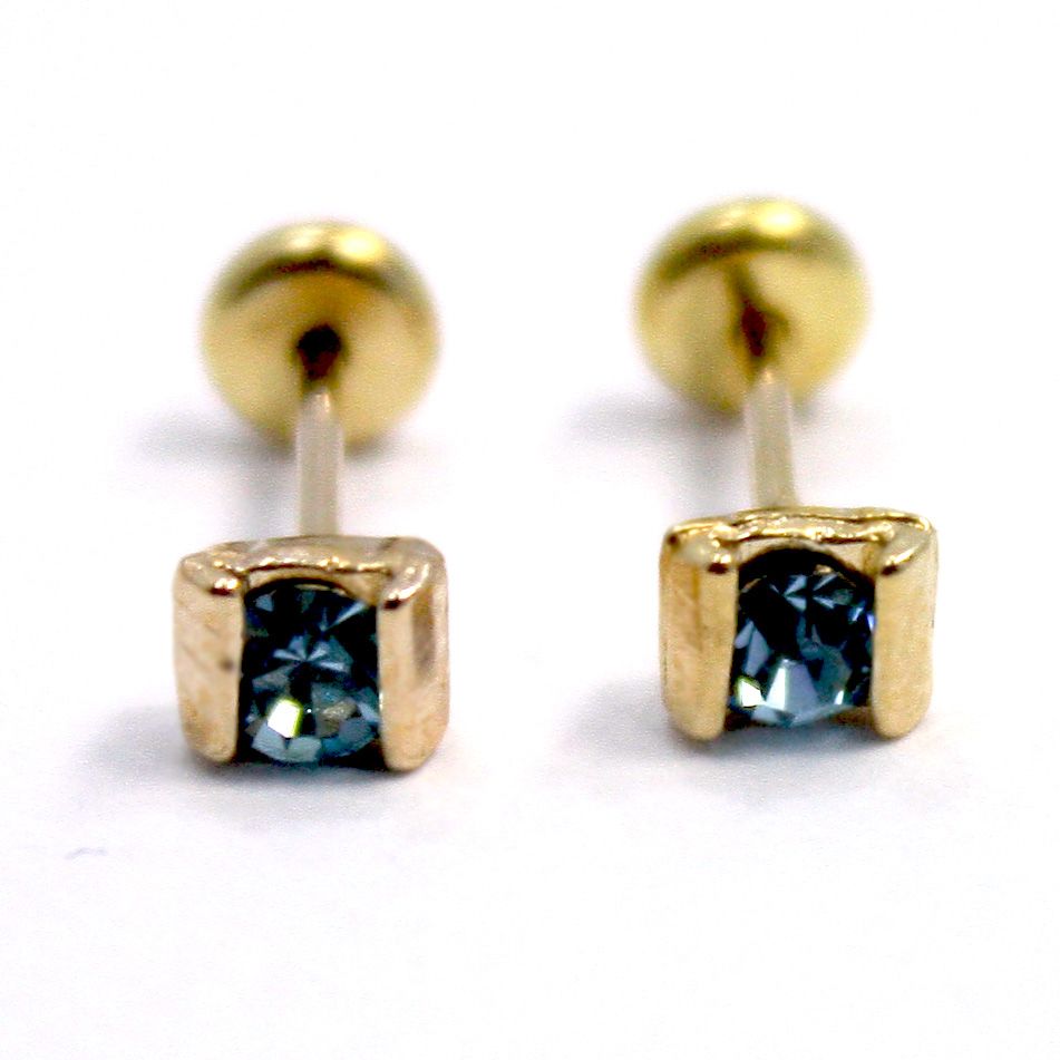 Gold 18K GF Earrings Baby Blue Crystal Square Earrings Girl Security 