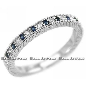 BLUE SAPPHIRE DIAMOND WEDDING RING BAND 14K WHITE GOLD VINTAGE ANTIQUE 