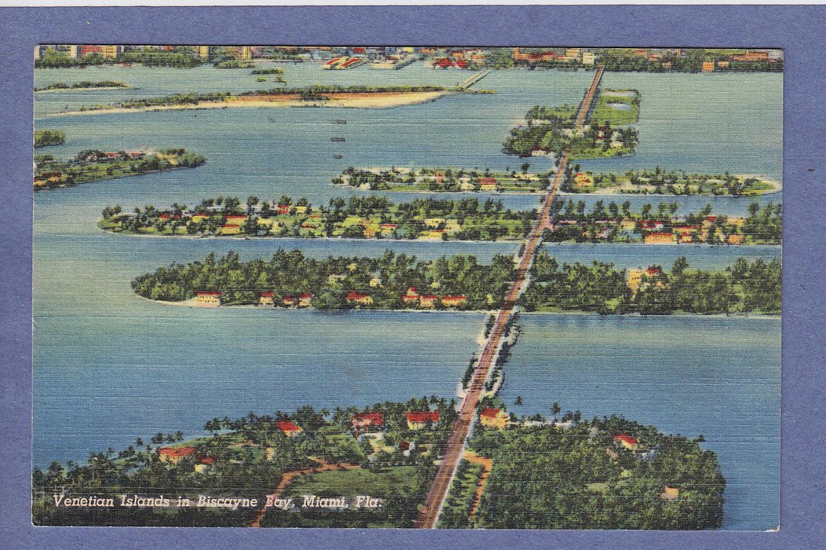   FL Linen PC Aerial View Venetian Islands in Biscayne Bay 1951