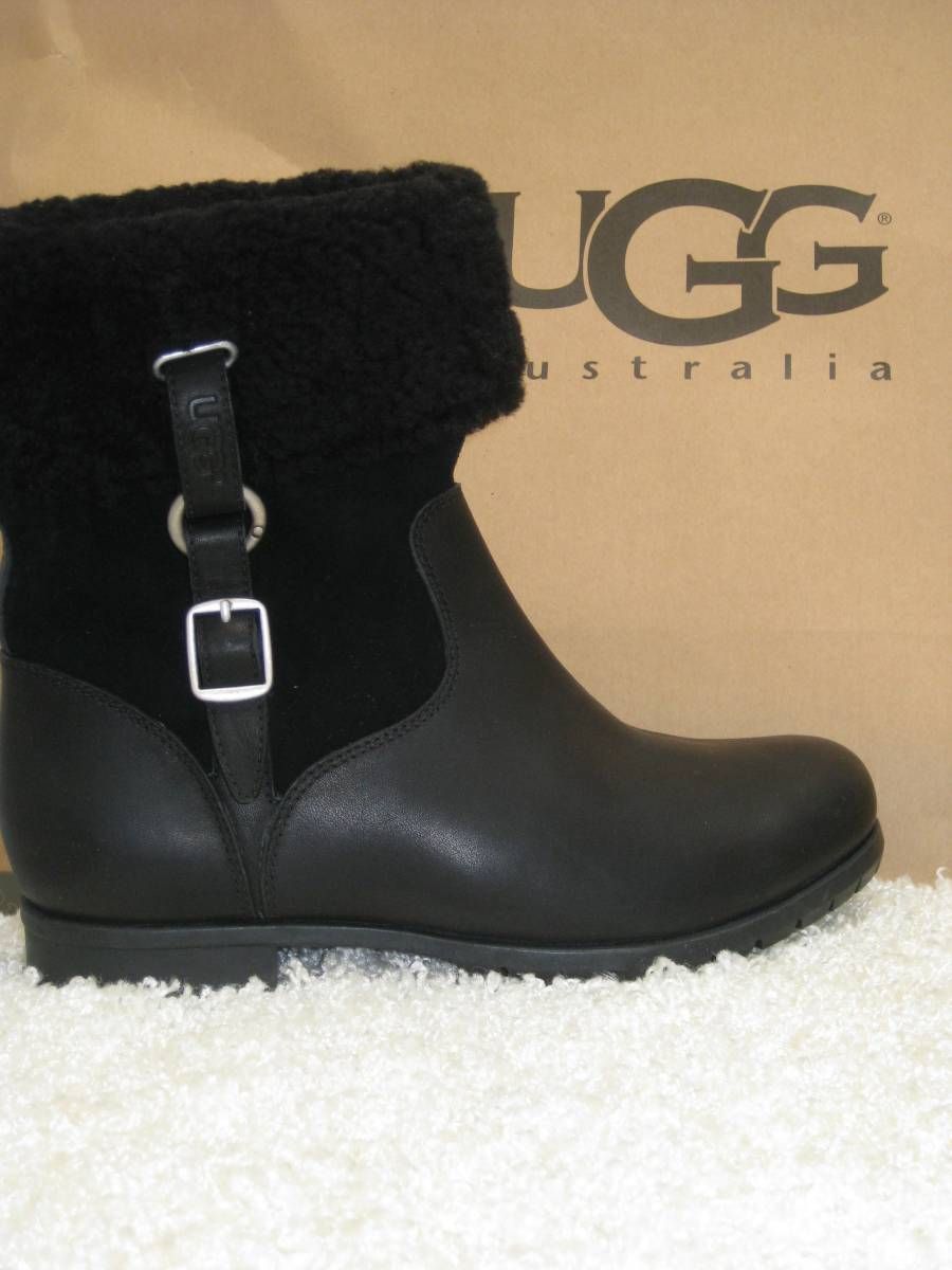 UGG Bellvue III Black Leather Fold Over Boot Women 7 Retail $250