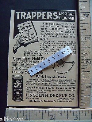   Paper Ad Trapper Supplies LINCOLN Hide & Fur Co Animal Bait / Traps