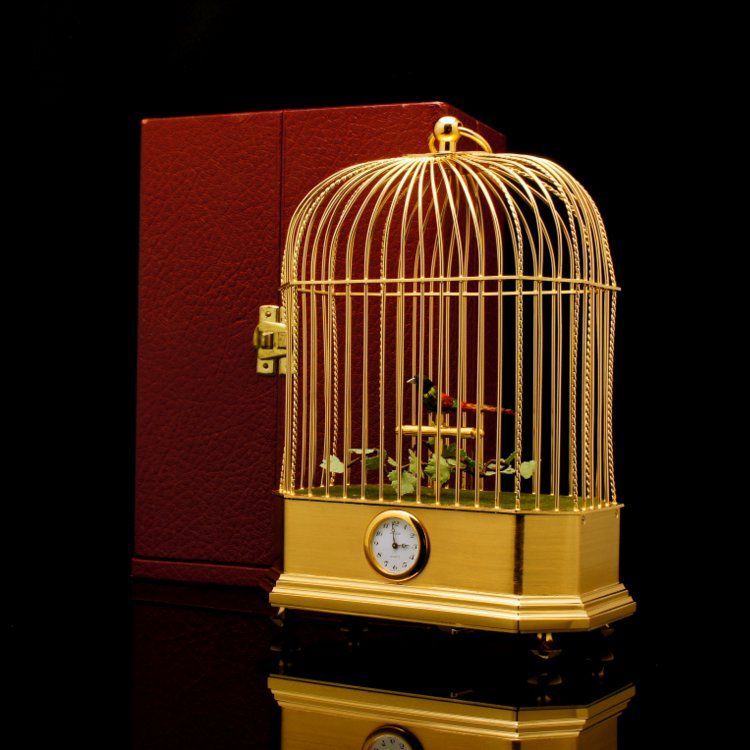 RARE SWISS MUSICAL SINGING BIRD CAGE CLOCK + BOX AUTOMATON MUSIC 