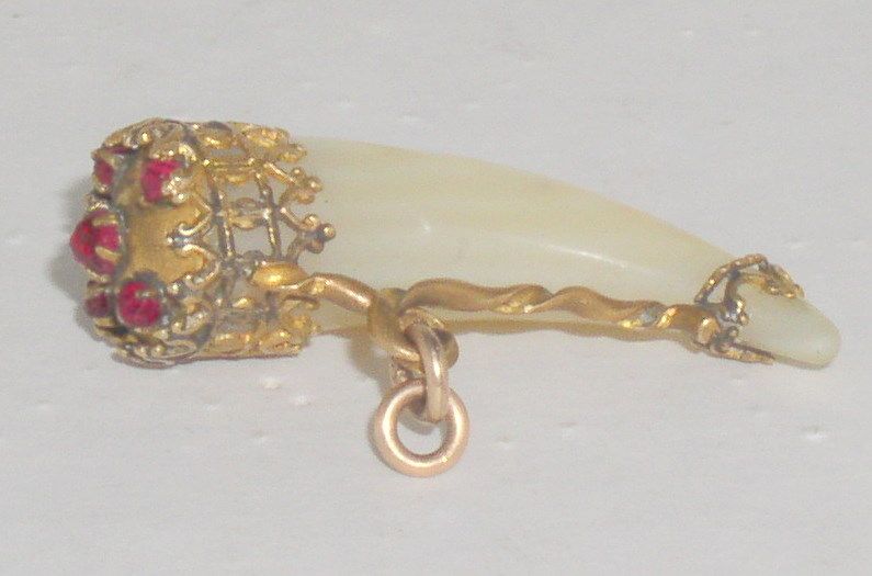 Antique MOP Tiger Lion Claw Gold Mount Pendant Fob Charm with Jewels