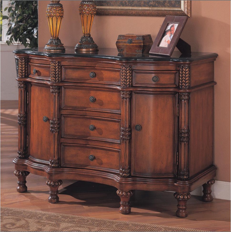 Traditional Bombe Chest Solid Wood w Carved Accents Marble Top 950063 