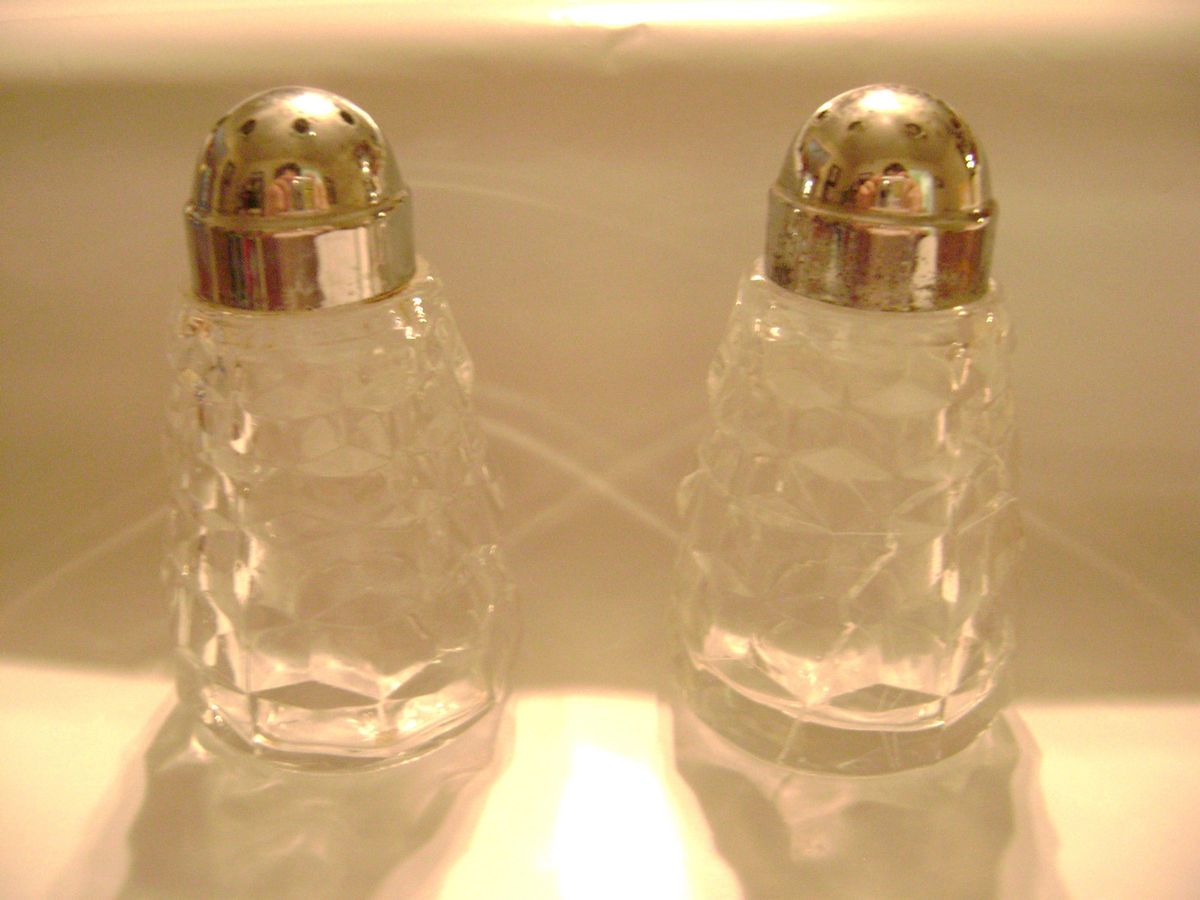 FOSTORIA   SALT & PEPPER SHAKERS/CHROME LID  1950s  3.25  TALL