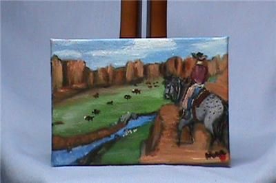 ACEO Original Art Canvas Painting Cowboy Buffalo Valley
