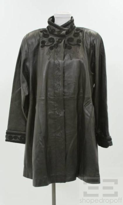 bruno magli black leather applique coat size large