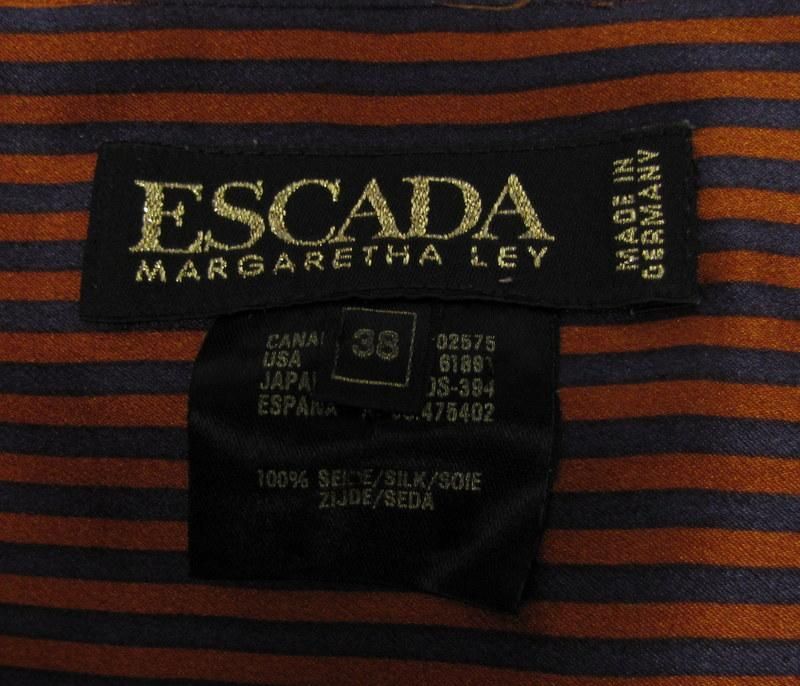 ESCADA Silk Stripe Dress Shirt 38 Orange Blue Goldtone Button Down 
