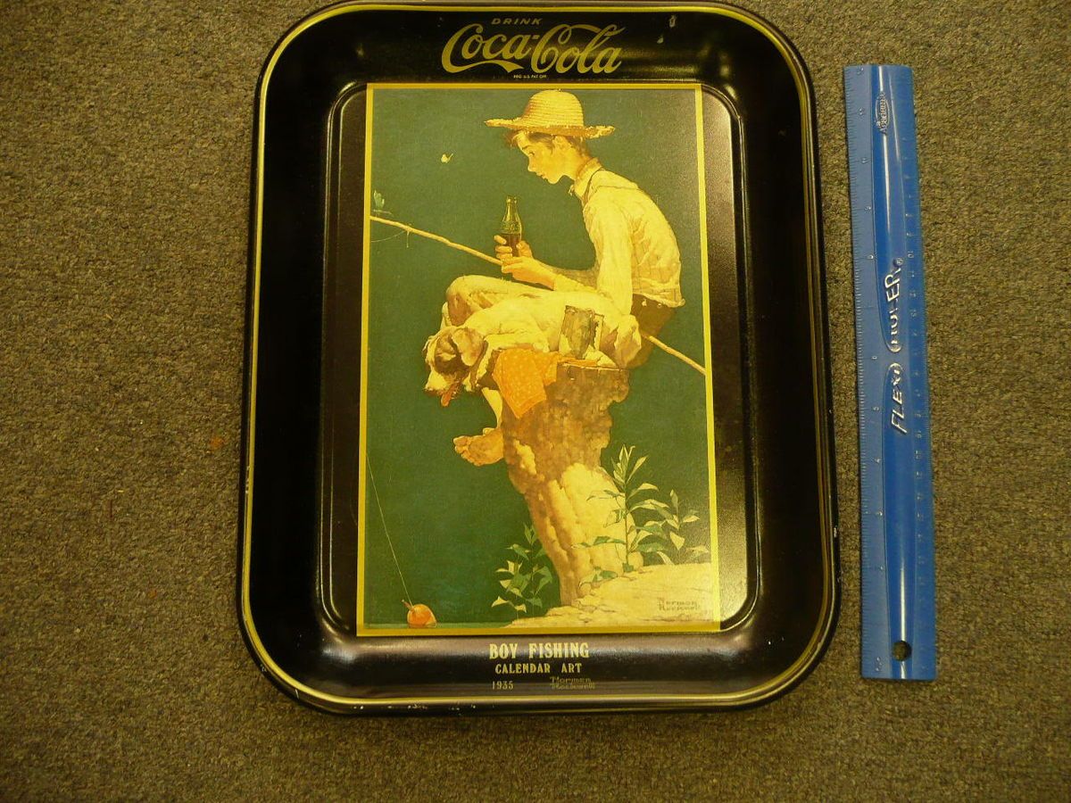 Drink Coca Cola Boy Fishing Calendar Art 1935 Norman Rockwell Tray 