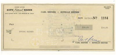 carl reiner hand signed autographed bank check