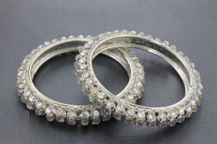 Chamak by Priya Kakkar New Silver Crystal Set of 2 Bangle Bracelet 
