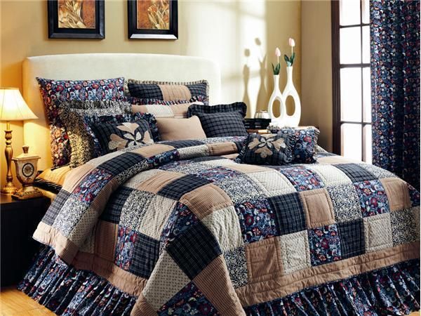 Primitive Country Bedding Quilt Indigo Hand Quilted Blues Cream Red